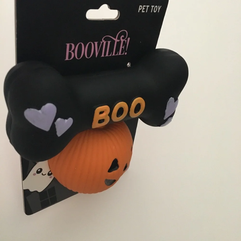 Dog Toys 2 Latex Halloween Pumpkin & 'BOO' Bone Toy Black & Orange NEW Booville